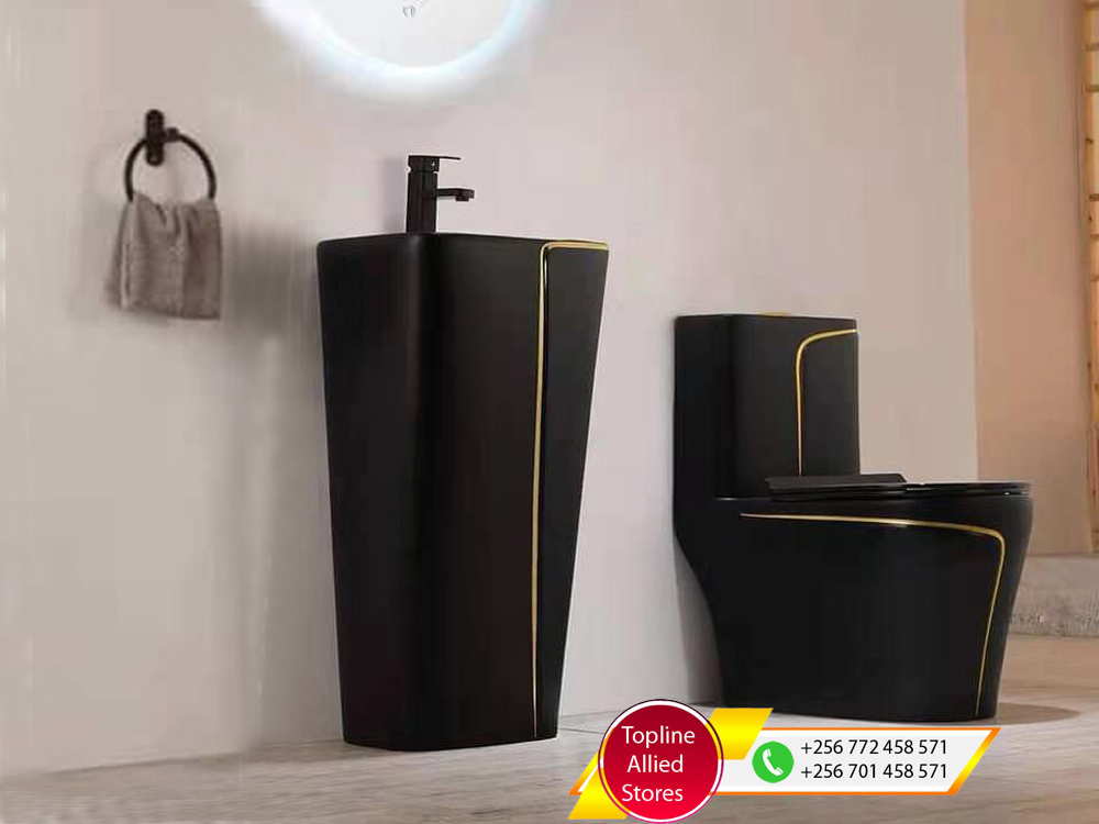 Luxury Ceramic Black Set (Wash Hand Stand/Black Pedestal Basin And Toilet) for sale in Uganda, Modern Toilet And Bathroom Fittings and Accessories in Uganda, Topline Allied Stores Uganda Services: Toilets, Kitchen Sinks, Wash Basins, Sanitary Ware And Fittings. We stock the following products: Tiles, Bathtubs, Mirrors, Toilet Seats, Button Flush Toilets, Urinals, Wash Basins, Kitchen Taps, Kitchen Sinks, Shower Systems, Bidets and lots more Sanitary products. Our Hardware Shop is located in Nakasero below Nakasero Market, Kampala Uganda, Ugabox
