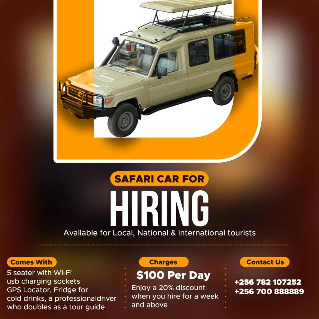 Tours And Travel Car Hire Services in Uganda. SAFARI CARs FOR Hiring. Available for Local, National And International Tourists. Comes With 5 Seater with Wi-Fi USB Charging Sockets GPS Locator, Fridge for Cold Drinks, a Professional Driver who doubles as a Tour Guide. Charges: $100 Per Day Enjoy a 20% discount when you hire for a week and above. Contact Us: +256 782 107252 +256 700 888889 | Tour Guides Uganda | Tour Operators Uganda, Gorilla Trekking in Uganda, Gorilla Safaris And Lodging in Uganda, Ihamba EarthLife Safaris Uganda, Ugabox