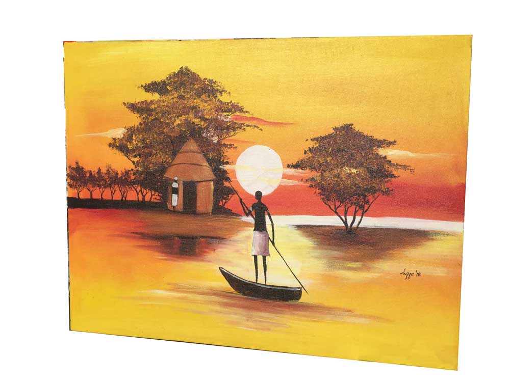 Sunset Man in Canoe/Boat Painting Uganda, African Painting, Art and Crafts Uganda, Johnay Artz Kampala Uganda, Buganda Road Craft Village